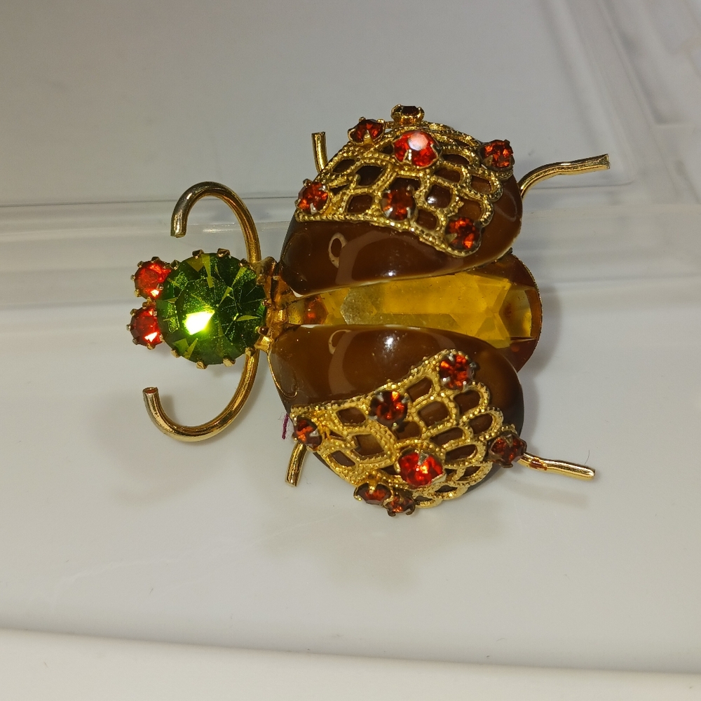 Vintage Insect Beetle Bug Rhinestone Brooch Pin Glass - Picture 13 of 16